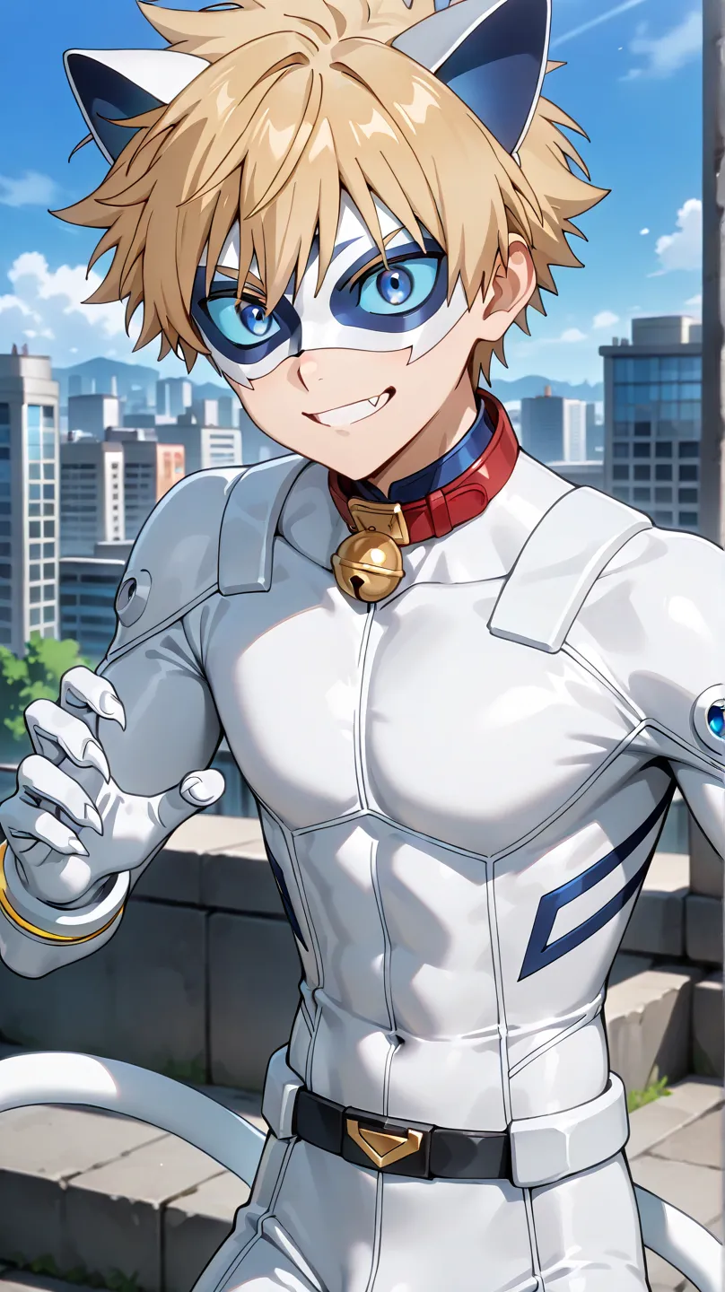 white domino masked men anime, male focus,solo, 1boy,full eye mask, mask,1boy, fair skin,hush_middy,uniform,white body suit,face focus,mysterious grin,fang out, bell, white leather suit, belt tail, blue eyes,blue sclera,broad shoulders, white hero mask, wh...