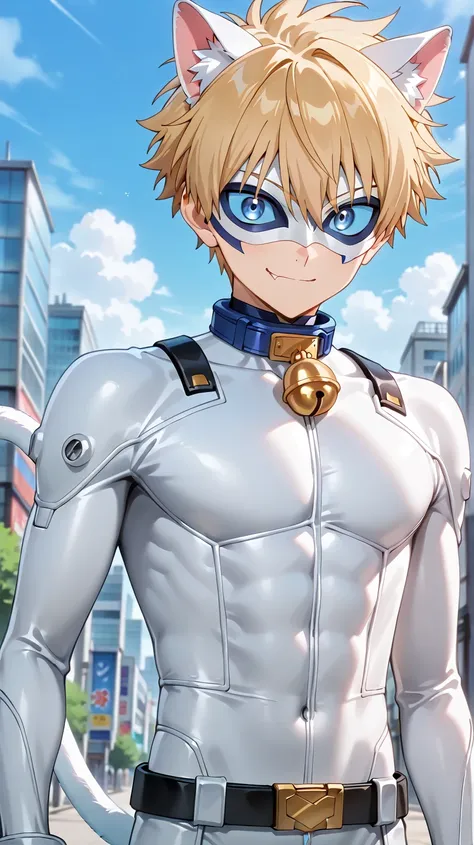 white domino masked men anime, male focus,solo, 1boy,full eye mask, mask,1boy, fair skin,hush_middy,uniform,white body suit,face focus,mysterious grin,fang out, bell, white leather suit, belt tail, blue eyes,blue sclera,broad shoulders, white hero mask, wh...