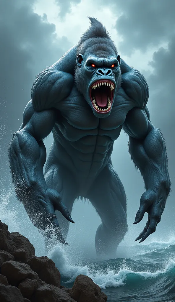 "Create an image of a hybrid creature that seamlessly combines features of a gorilla and a shark into a single, monstrous entity. The creature should have the muscular build and powerful limbs of a gorilla, merged with the rough skin texture, dorsal fin, a...