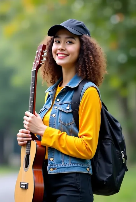 Create a realistic 4k image of a brunette woman,  guitar body , with curly hair, wearing long sleeve yellow UV shirt, vest blue jeans and black pants, visor black cap and notebook in hand ,  Black backpack on the back  