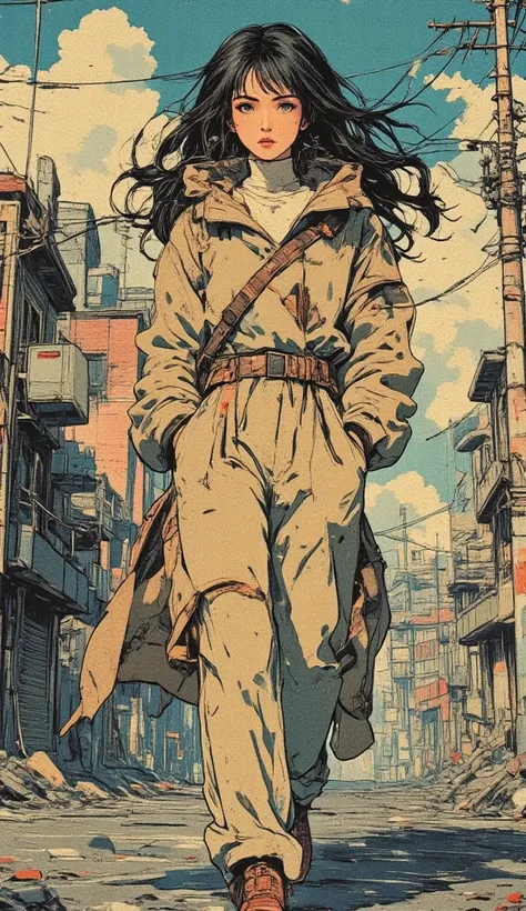 In the distance, a woman with outstanding temperament walked on the dilapidated street, with long black curly hair, red lipstick, fair skin, and a long beige coat blown by the strong wind,Walking in the Wind,complex art,ultra detailed