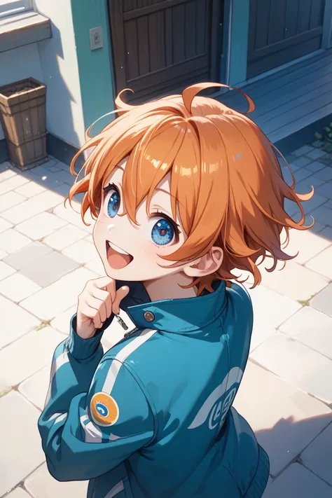 a boy, cheerful, laughing, looking back, looking to the right, short hair, ahoge, hair between eyes, hair covering eyes, orange hair, blue eyes, with sparkling eyes, big eyes, tareme, wide-eyed, pale skin, slim, jacket, 20-year-old, kawaii, cute, anime, up...