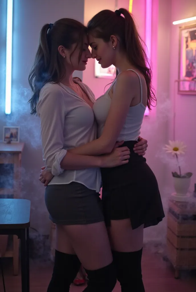 2filles hugging,  européenne aux cheveux bruns, Yeux gris, cheveux longs,en jupe et chemise penchée sur un bureau, penchée, Longueur totale et bas blancs, légèrement penchée, regarder de derrière, a écolière hyperréaliste, cuissardes et jupe, écolière hype...