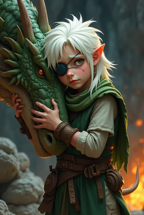 Sad Boy, with a split chin and thick eyebrows,  he has long white hair  , with an eye patch and a scar on the same eye where he wears the eye patch, The boy is dressed in green warrior clothes. He is embracing the paw of his giant dragon. They are inside a...