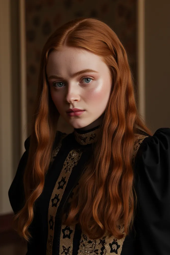 Realistic photo of sadie sink, Huge Breasts, seductive pose, beauty lady, (hot), masutepiece, High quality, UHD 32K, Realistic face, Realistic skin feeling, 1 matured lady, FLAT CHEST, (Day time at Palace), look In front  at the camera and sadness, orange ...