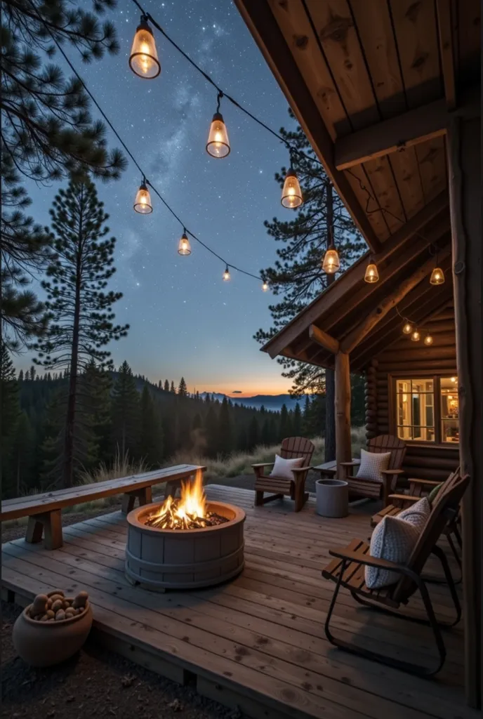  The image shows an outdoor night scene, with a rustic wooden deck of a cabin, illuminated by a series of hanging lamps, creating a cozy and intimate atmosphere. In the center of the scene,  is a burning bonfire , with vibrant flames and sparks that softly...