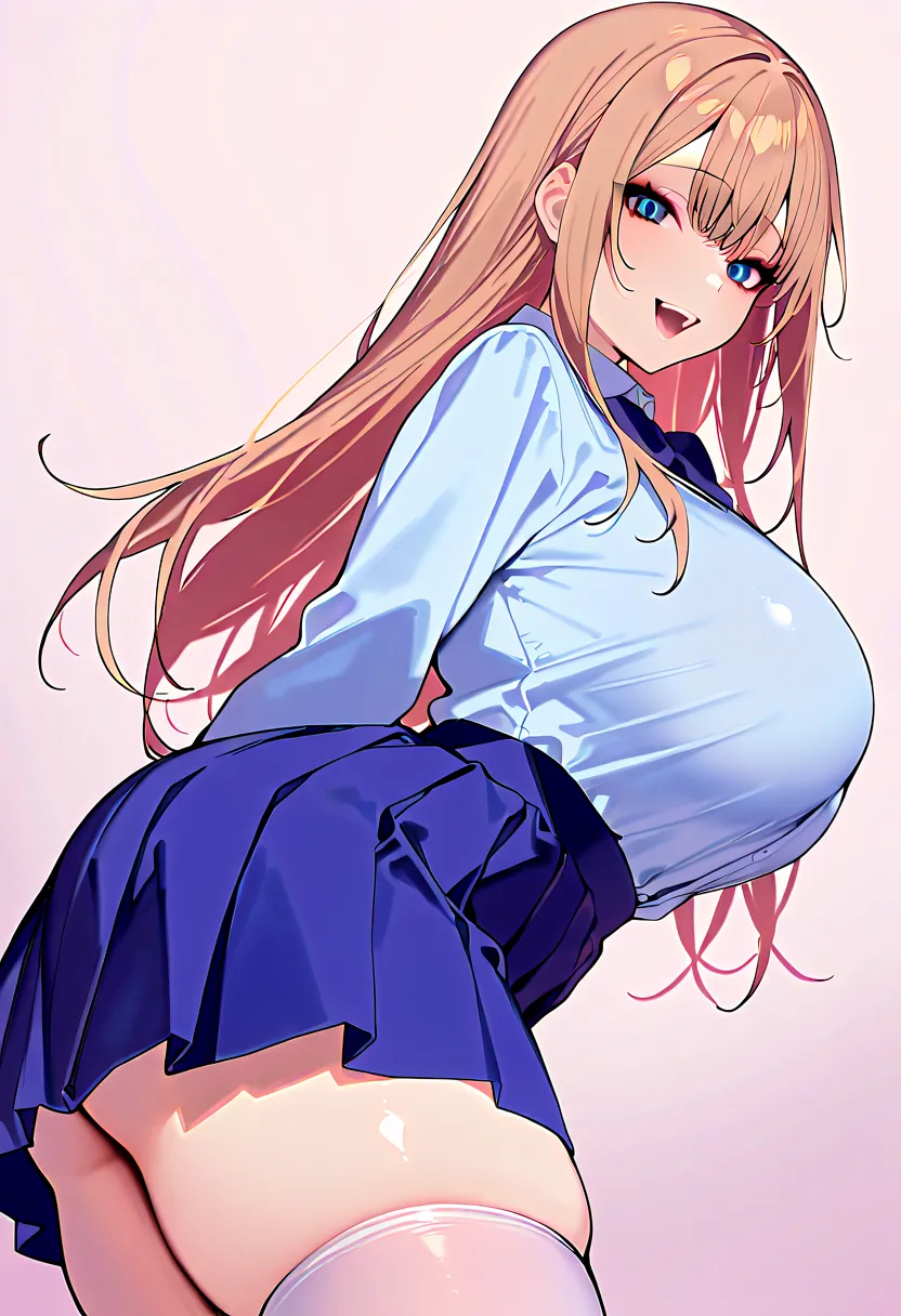 Solo, girl, beautiful look, smile, open mouth, teeth, big saggy breasts,, long hair, light brown, bangs, school uniforme blue school skirt, looking at viewer, white school stokings, beautiful thighs, beautiful waist, white thigh-high stockings, high qualit...