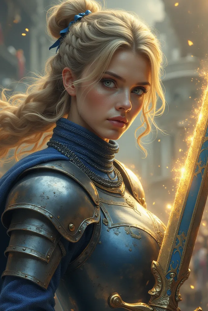 pretty young woman with blonde hair, hair up in a bun, braided bun, pinned with a blue ribbon, green eyes, noble and wise, wearing a blue battle dress and a silver breastplate, holding a golden and blue blade, highly detailed, hyper-realistic, 8k, cinemati...