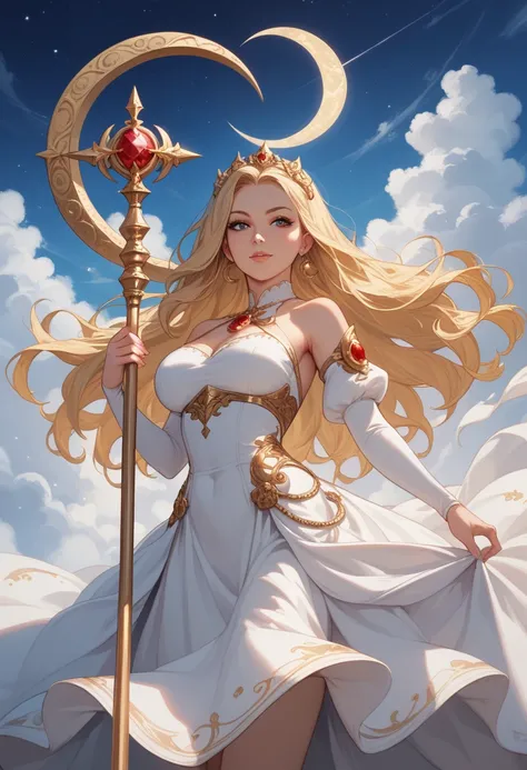 Create a curvy tall female character of 30 years old with long blonde hair, wearing an elaborate white dress with blue and gold accents. The dress should have intricate designs, a large red gem at the waist, and wing-like adornments on the shoulders. The c...