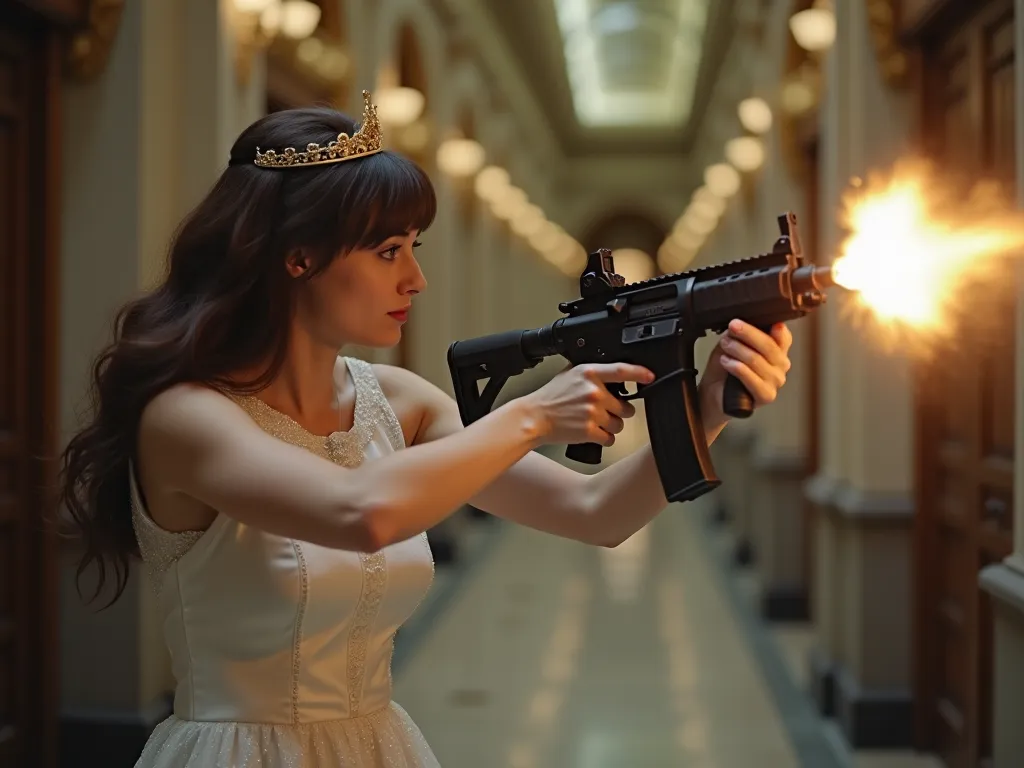 18-year-old woman disguised as a princess (in profile) ,  with white dress,, in a building (a bank), shooting with a machine gun in front of her, A flash comes out of the gun, and smoke . A hand dressed as a man with a gun shoots him in the back, The woman...