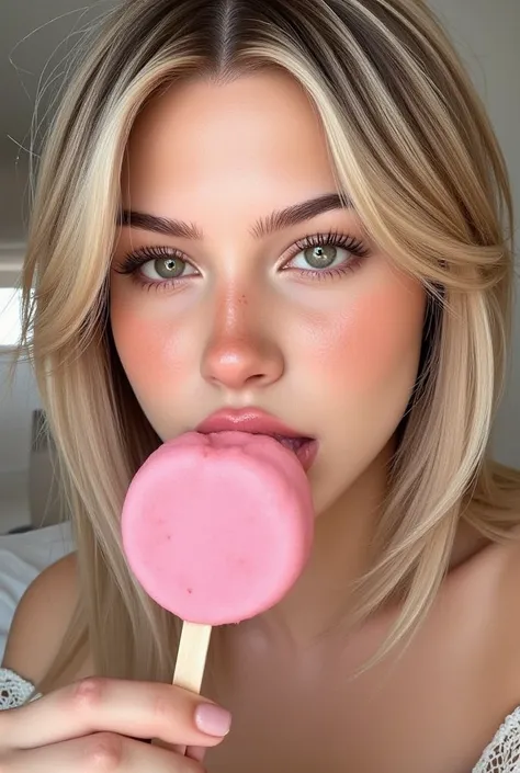 A captivating young woman with green eyes and a mesmerizing blonde balayage hairstyle sucking on a pink round popsicle, looking right into the camera. 