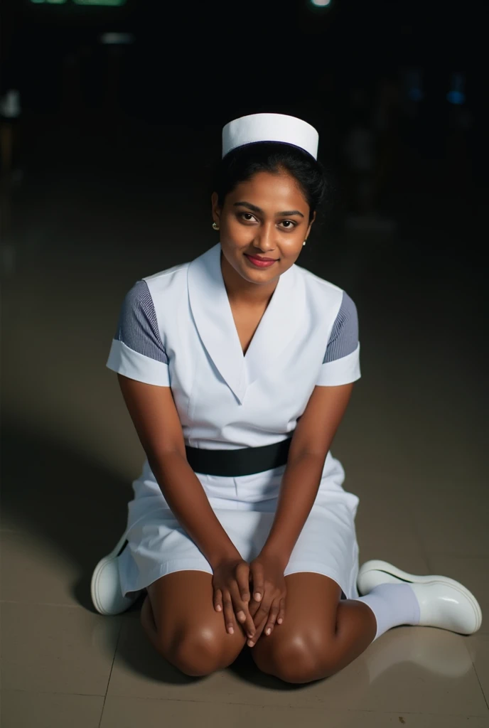 photo of a Sri Lankan 25 years old nurse, Sri Lankan woman face, wearing nurse cap, nurse uniform, white above knee skirt, white socks, white nurse slip-on shoes, classic bun short hair, black strip in waist, big chest, cinematic lighting, seduce face, cow...