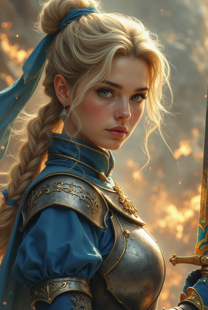 pretty young woman with blonde hair, hair up in a bun, braided bun, pinned with a blue ribbon, green eyes, noble and wise, wearing a blue battle dress and a silver breastplate, holding a golden and blue blade, highly detailed, hyper-realistic, 8k, cinemati...