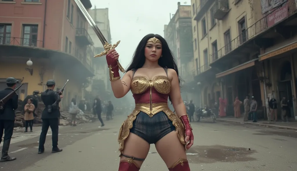 A stunning female warrior resembling Wonder Woman stands in the middle of a smoky, war-torn city street. She wears a gold and red armored bustier, dark blue battle shorts adorned with intricate golden designs, red gauntlets on her arms, and knee-high red b...