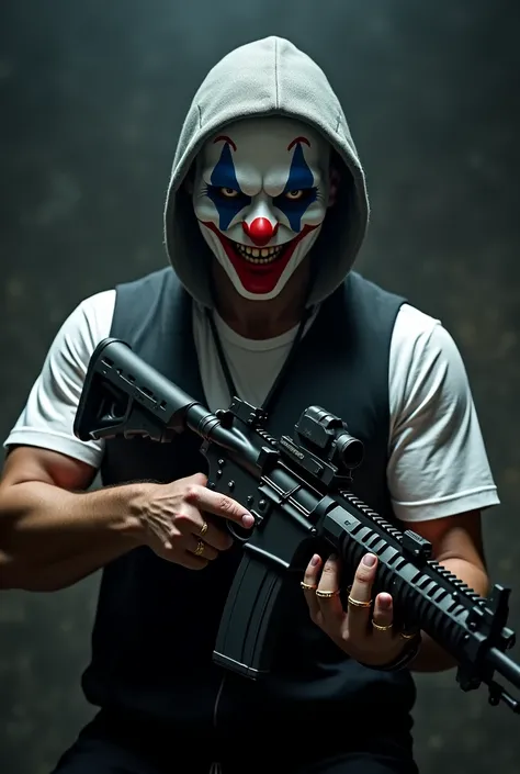 Man in clown mask, white dress t-shirt and black vest gold rings and holding m4