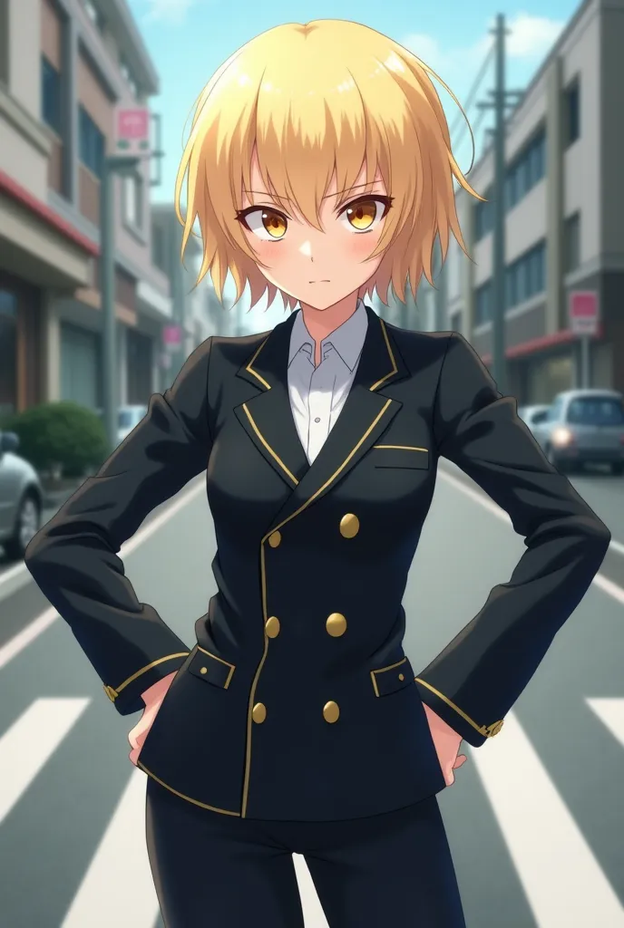 A short, slender femboy with a feminine figure stands on the street with his hands on his hips. He has short, golden-blonde hair framing his delicate features. His expression is angry, with narrowed eyes and slightly pursed lips. He wears a Japanese-style ...