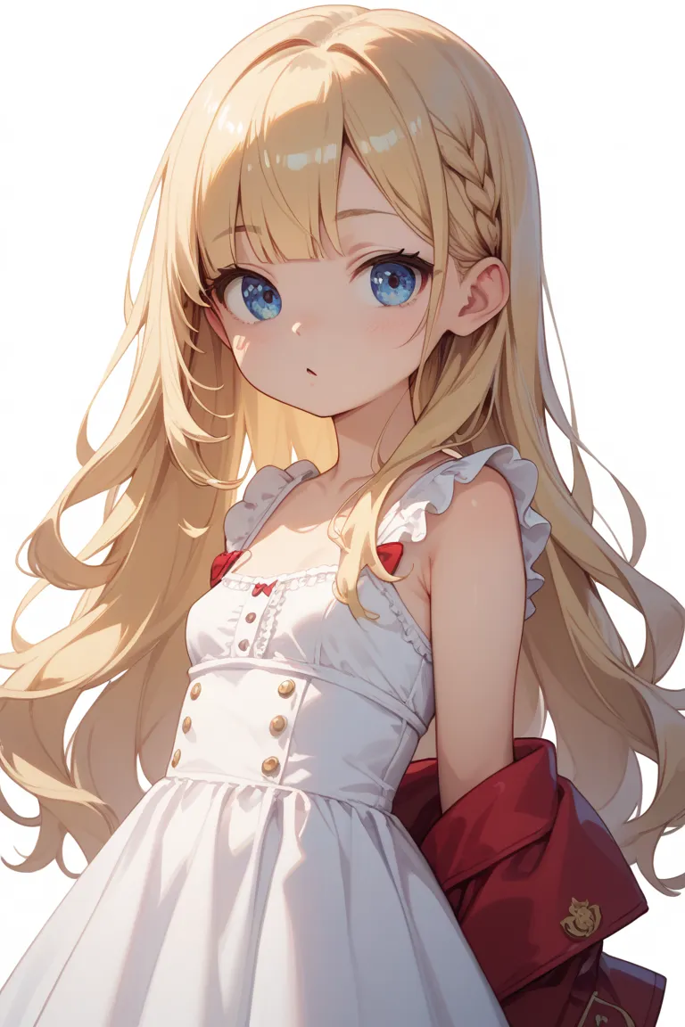 masterpiece, highest quality, Anime style, one girl, loli, petites, small breasts, standard, fair skin, straight face, white background, blonde hair, long hair, blue eyes, drooping eyes, standing, round face, arm at side, lame and cute, oblique bangs, 