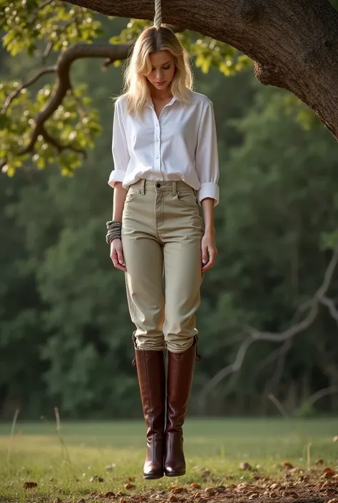 Superb blond young slim caucasian woman wears wide opened white blouse, loose light kaki baggy trousers well tucked into brown tall knee-high equestrian stiletto boots. She is hanging from a noose around her neck to a tree branch high above ground. Her fee...