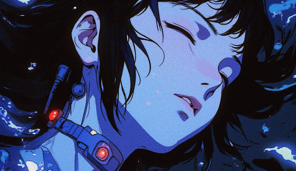 Close-up portrait of cyberpunk anime woman with wet black hair floating in digital water, closed eyes, melancholic expression, tech necklace, dark blue tones, Ghost in the Shell style, detailed illustration