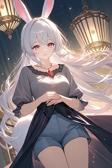 white hair, with white rabbit ears and tail, red and pink eyes, gray shirt, shorts azul, necklace with a red diamond on the tip