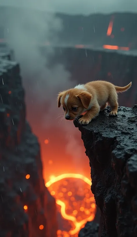 From a high, top-down perspective, a tiny, helpless puppy dangles on the very edge of a crumbling volcanic cliff, its fragile paws desperately clawing at the jagged, rain-slicked rock. Its  hangs precariously over the abyss, where a vast pool of molten lav...