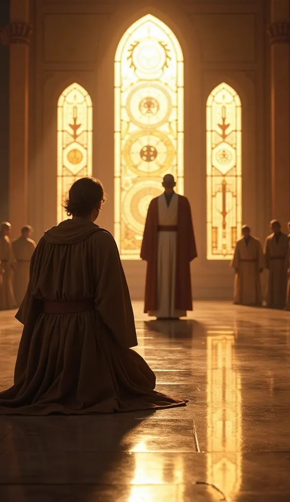 An ultra-realistic point-of-view image (throw), capturing the first person perspective. The character is kneeling in a large hall of the Jedi Temple, looking at a Jedi Master in traditional robes, that observes him with a wise look. The ambient lighting is...