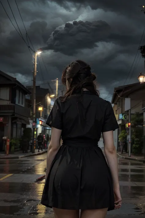  1 Japanese girl dress shirt, warframe,  intricate pattern , heavy metal, power lines, faceless,  glowing eyes, elegant, intense,  uniform blood red and black, Alone,  modern view ,  city, streets, dark clouds, storm,  heavy rain,, dramatic lighting,, (mas...