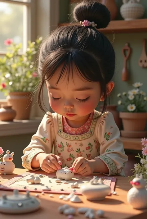 
small girl with tied black hair, brown skin color, in a flowered dress, making crafts with cold porcelain, Disney AI