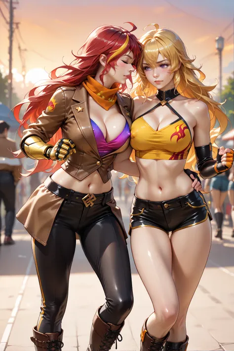 Realistic, 2women, duo, couple, Sunset Shimmer, Yang Xiao Long, (Yang Xiao Long\yangxiaolong, woman, blonde hair, long hair, purple eyes, orange scarf, fingerless gloves, brown jacket, orange halter top, navel, cleavage, erect nipples, (short shorts), boot...