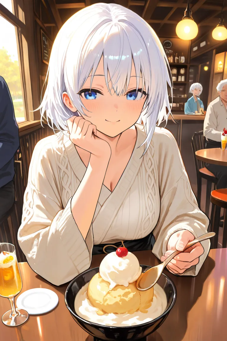 Male character,  with short white hair, blue eyes, eating ice cream