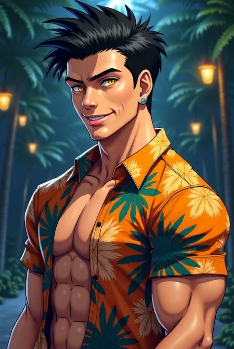 Anime, Asian, Black hair, Sidecut hairstyle, Hawaii shirt, muscular, short pants, sandal, dark background, smiling, glowing eyes, yellow eyes.