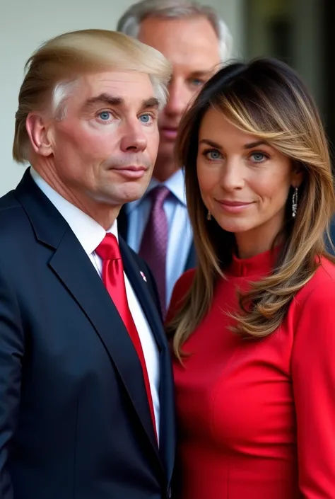 3 personnes : un homme en nu avec la photo de la référence du visage du personnage comme réference  avec Donald Trump nu avec le visage de Donald Trump  et Melania Trump nu avec le visage de Melania Trump en string 