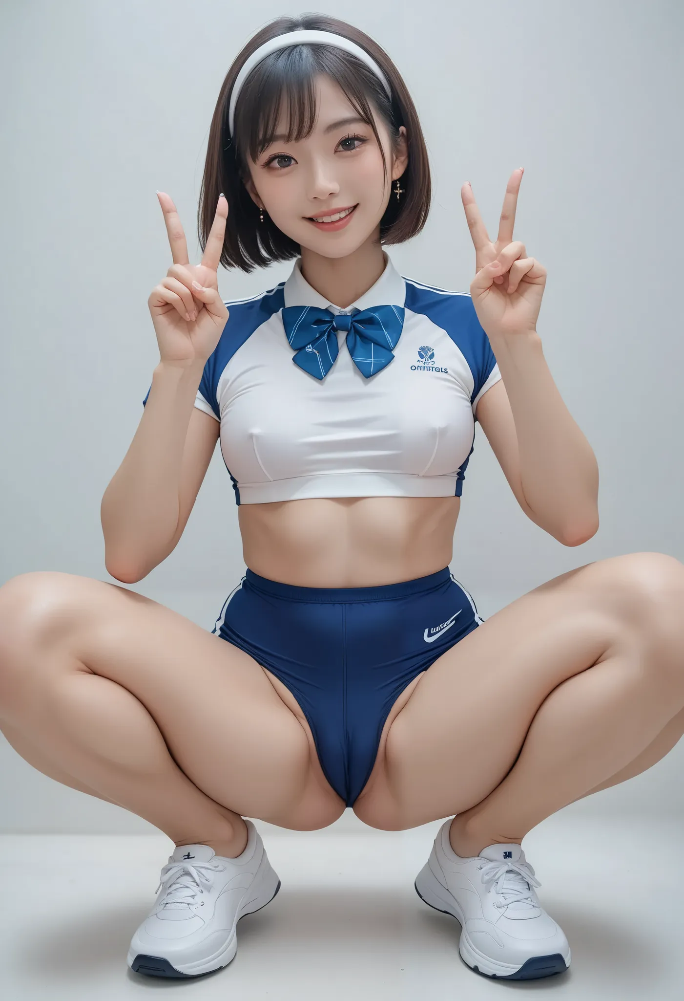 score_9,score_8_ up,score_7_ up, ultra detail, absolute resolution, 32K,Masterpiece, best quality , Super High Definition's beautiful face and eyes with attention to detail, beautiful Japanese girl with pubic hair, short hair, smile, (sports wear, bow tie,...