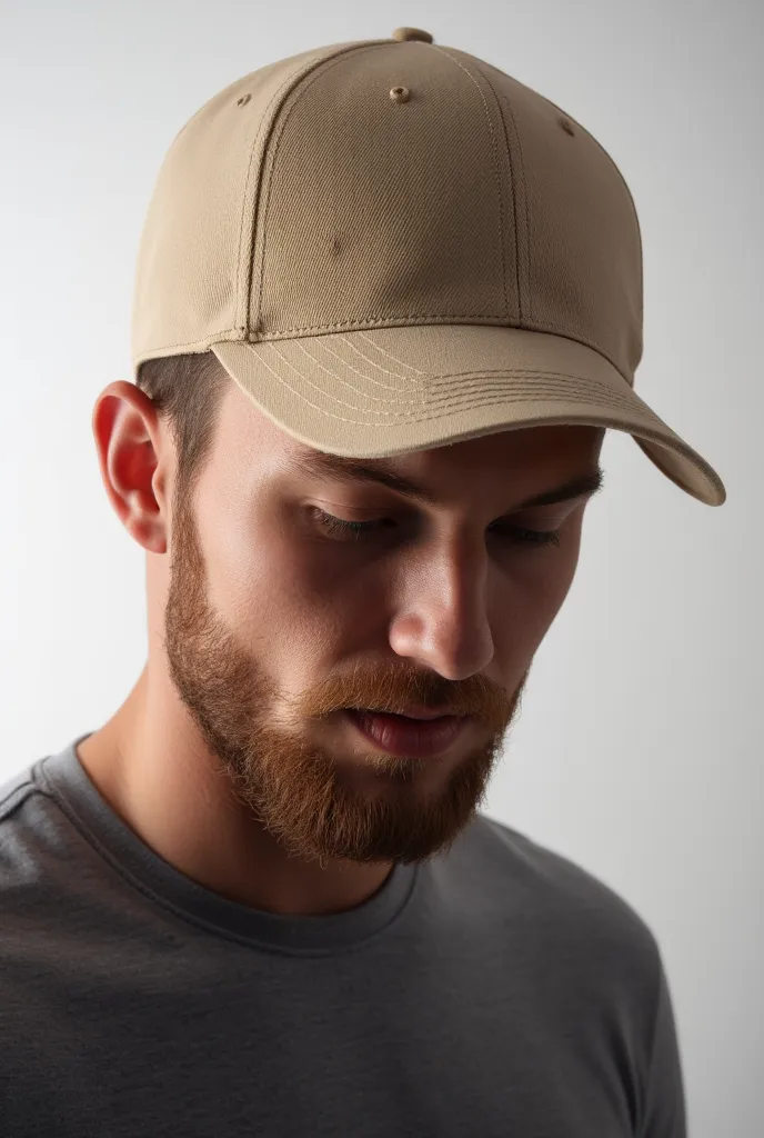 A young man with a slender beard with his head down wearing a beige baseball cap, Clear studio lighting, Dramatic lighting light, bright lighting, Magazine advertisement image, The boy has his head down 