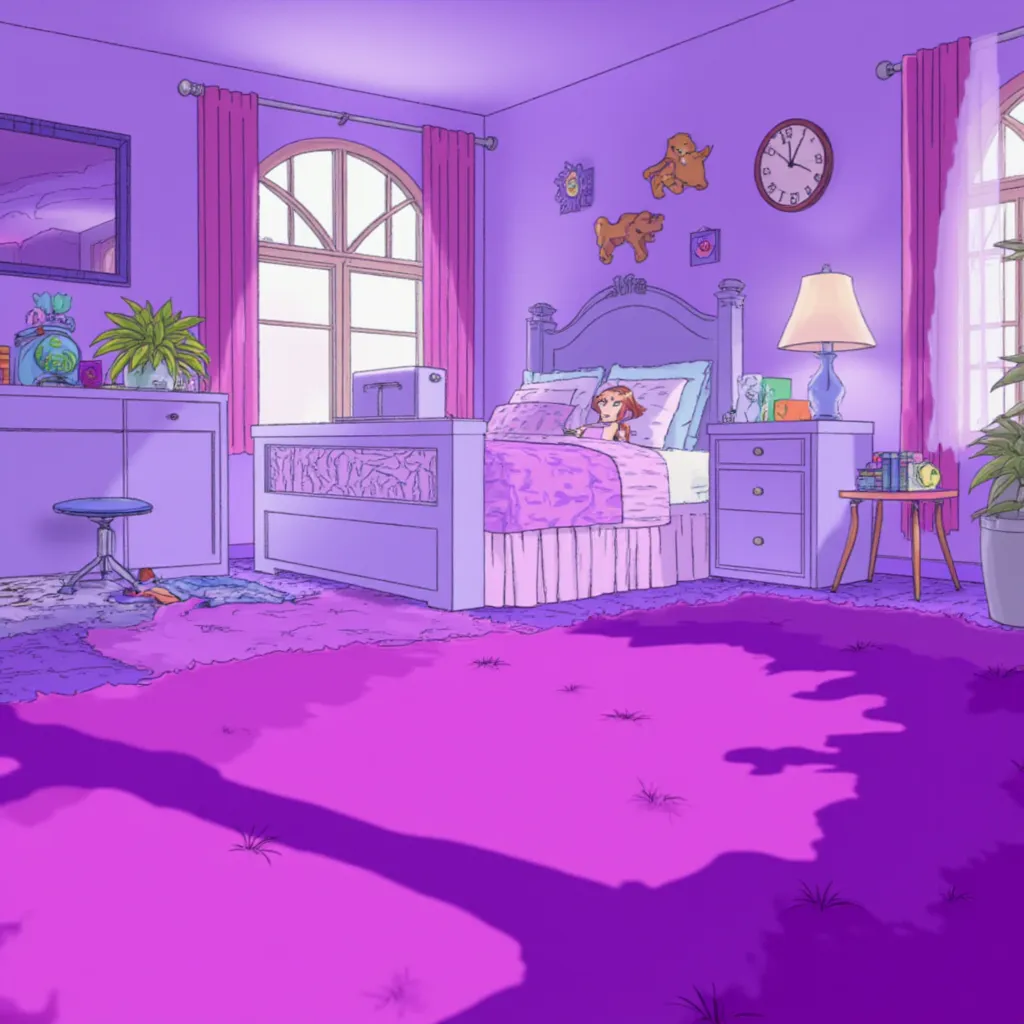 source_anime, bedroom, purple pink carpet, 
,anime style