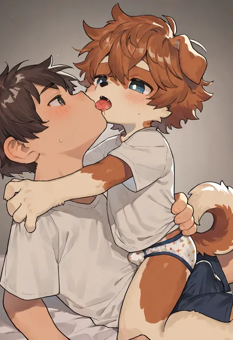 source_ furry， furry male，elementary school students，((boy )),Two little dog boy s，Dog Tail  ,short hair,masterpiece, newest,absurdres, incredibly absurdres, bright eyes, detailed eyes,short hair,  messy hair, blush,shirt,Little underwear， head tilt,upper ...