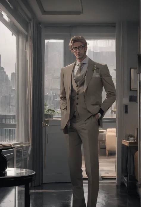 mature professor standing living room appartement in in New York , wearing very small round glasses, light brown suit, light brown hair, mechanical left arm. bright daylight grey sky, rainy aesthetic. The man must be handsome and elegant. The image must be...