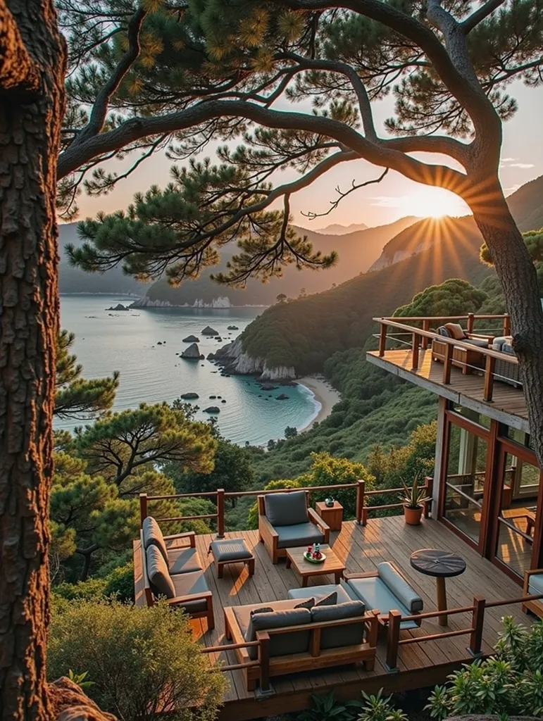 A tranquil and serene outdoor scene at sunset, featuring a wooden deck elevated above the ground, surrounded by lush trees and plants. The deck is furnished with comfortable wooden lounge chairs and cushions in neutral tones, with a low wooden table in the...