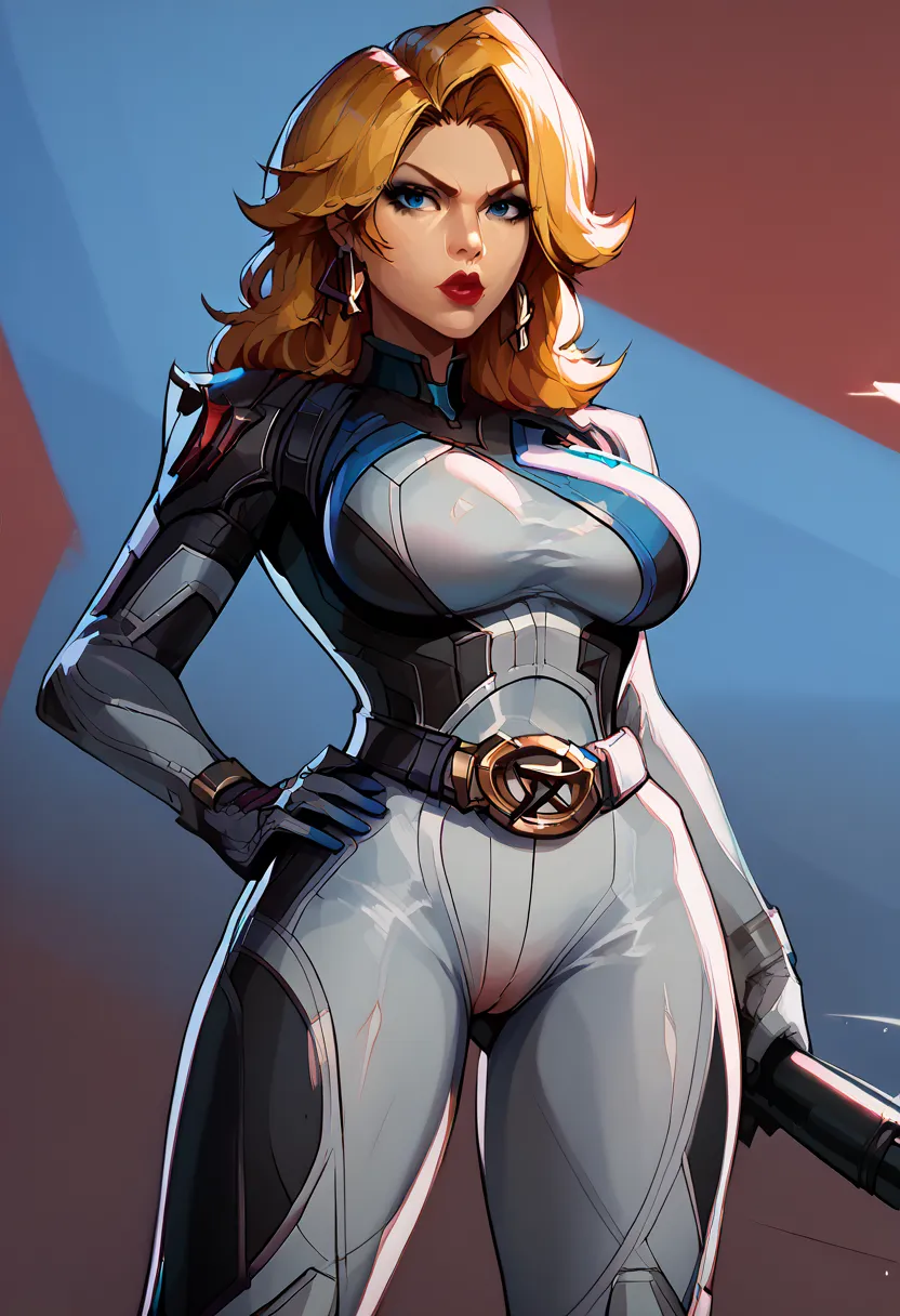 score_9, score_8_up, score_7_up, score_6_up, expressiveh, invisiblewoman_rivals, 1girl, solo, cropped, cowboy shot, blonde hair, long hair, eyeliner, blue eyes, earrings, bodysuit, white bodysuit, white clothes, gloves, belt, blue details, looking at viewe...