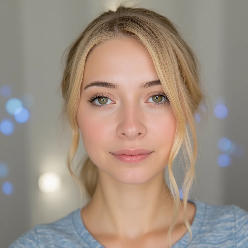 "Create a portrait of a female AI model with blonde hair and brown eyes. Her features should be soft but expressive, conveying a sense of intelligence and elegance. She should have a smooth, flawless skin. The background should be a subtle, digital design ...