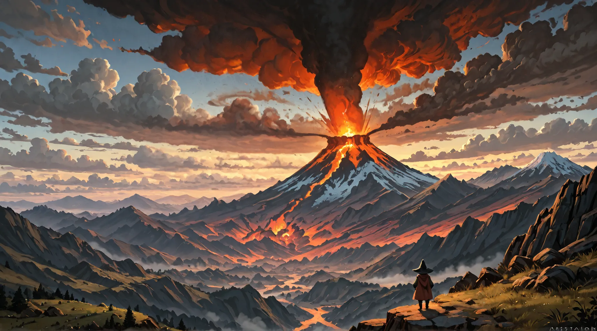 1 mage wearing mage clothes, standing on edge of hill, a kingdom in the center of composition , landscape all around it, in the background a huge volcano mountain smoky, black ancient, fantasy art, detailed, raw, hi solution, hd, masterpiece, concept art, ...