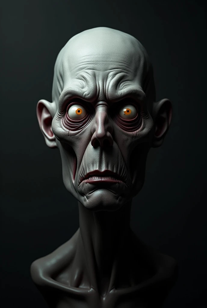 Head of a character focused on distorted facial expression based on the disturbing valley that people fear and intense terror,  with an angry expression /strong sadness. portrait-shaped image in dark colors/ gray . 