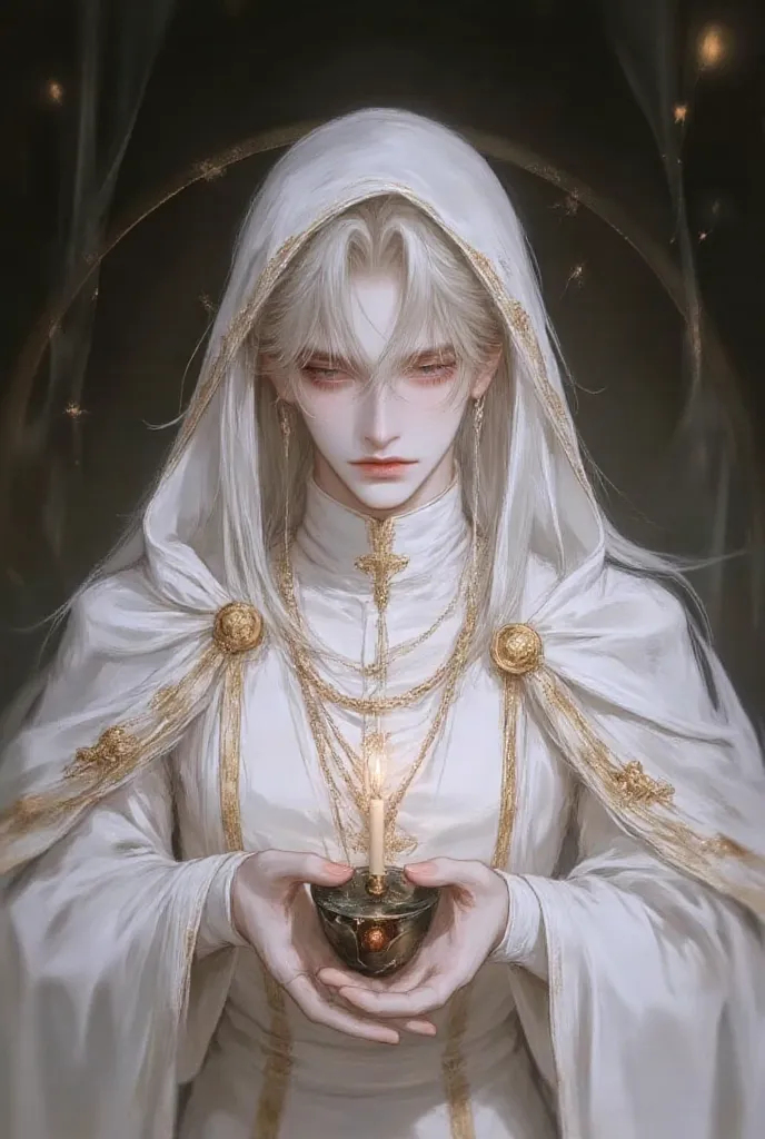 A close-up portrait depicted, Head to waist, in an artistic and ethereal style, He is dressed in a white, priest-like robe with intricate golden embroidery, His gaze is directed downward, eyes focused solemnly on a single candle he holds with both hands, T...