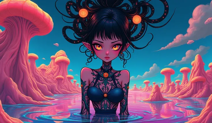  create an anime-style image using neon shades , With the style of Salvador Dali's paintings