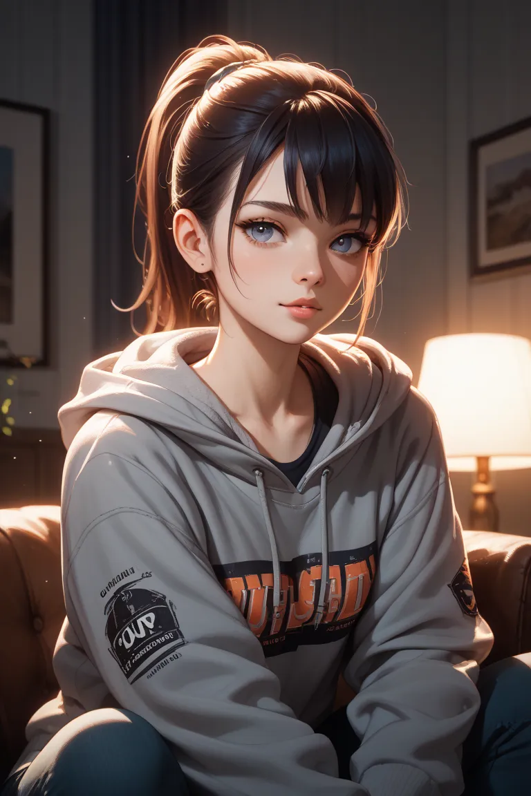 A dark-haired ponytail girl wearing a hoodie is sitting facing slightly to the right