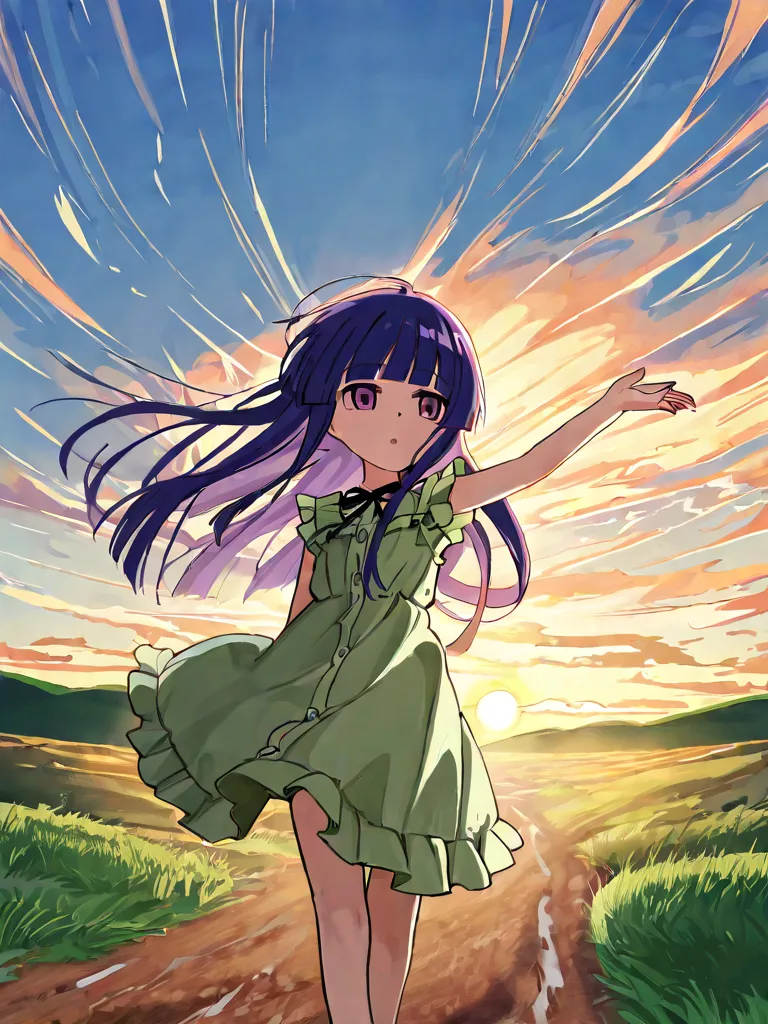  1 girl, Alone, rika furude, long hair, bangs, blue hair, purple eyes, blunt bangs, purple hair, green dress
 BREAK
(Walking in the Wind), wind,  Compa,  fluttering hair, Sunset, run through, A green hill that stretches far, blue sky, free