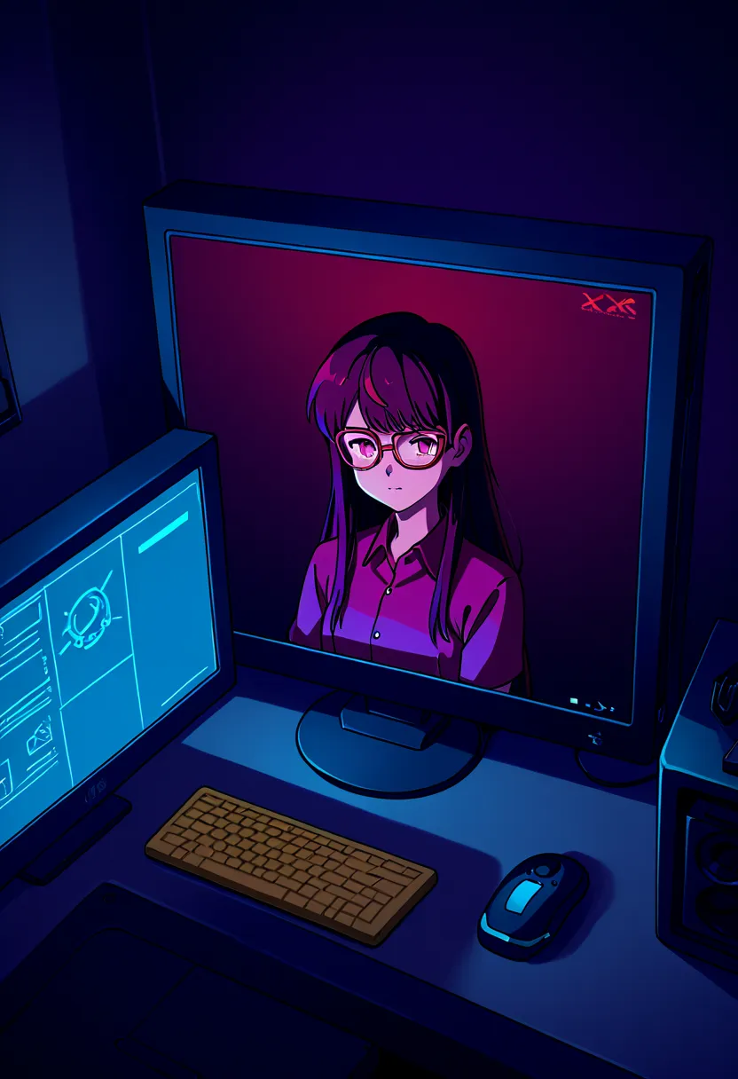 Only Technological and futuristic music studio with sound boxes and computers, a cyberpunk city showing up on computer screens, Nobody is in this room,  anime style cartoon glasses, 4k anime style wallpaper 