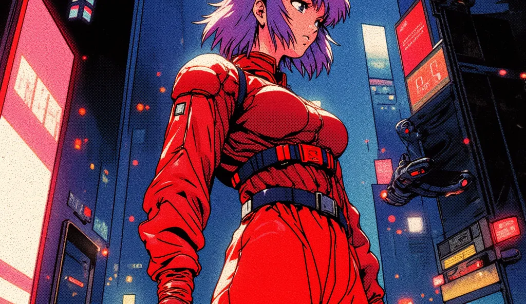 Anime woman with short purple-pink hair, bright red combat suit, night cyberpunk city with neon lights background, 90s anime style, three-quarter perspective