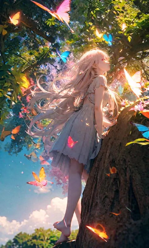 (woman\(student, , ＪＫ,  long hair,  colorful eyes, PALE SKIN，)  look up at the sky), ( lots of butterflies flying in the sky), beautiful sky from the light source, summer， colorful flowers blooming everywhere 々, Mysterious and dreamy ,Big Tree，quality\(8k,...