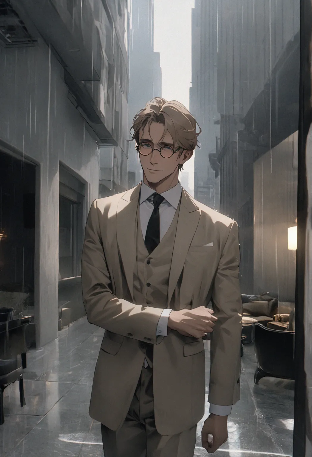 mature professor standing living room appartement in in New York , wearing very small round glasses, light brown suit, light brown hair, mechanical left arm. bright daylight grey sky, rainy aesthetic. The man must be handsome and elegant. The image must be...